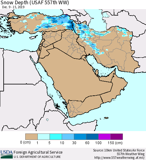 Middle East and Turkey Snow Depth (USAF 557th WW) Thematic Map For 12/9/2019 - 12/15/2019