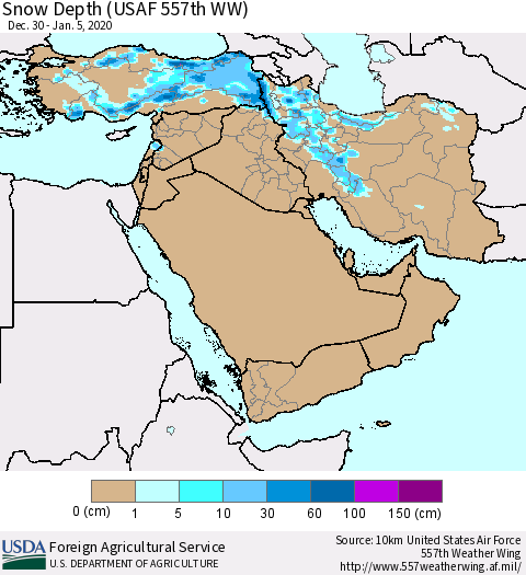 Middle East and Turkey Snow Depth (USAF 557th WW) Thematic Map For 12/30/2019 - 1/5/2020
