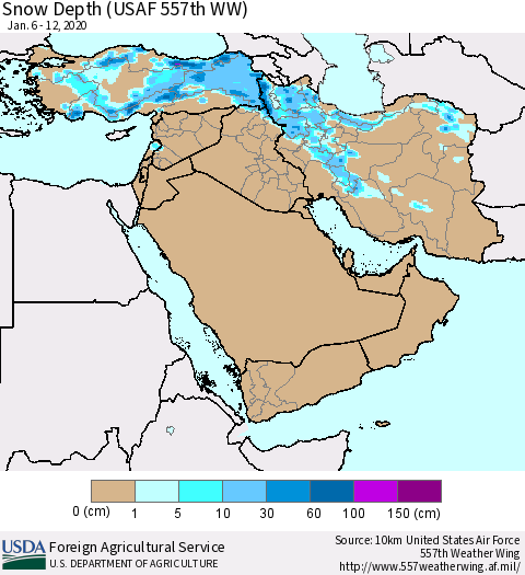 Middle East and Turkey Snow Depth (USAF 557th WW) Thematic Map For 1/6/2020 - 1/12/2020