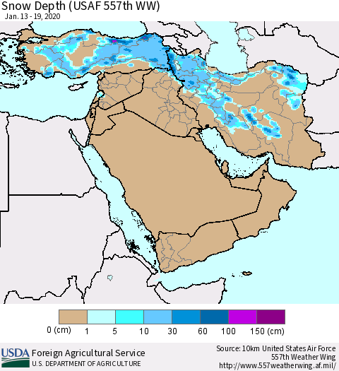 Middle East and Turkey Snow Depth (USAF 557th WW) Thematic Map For 1/13/2020 - 1/19/2020