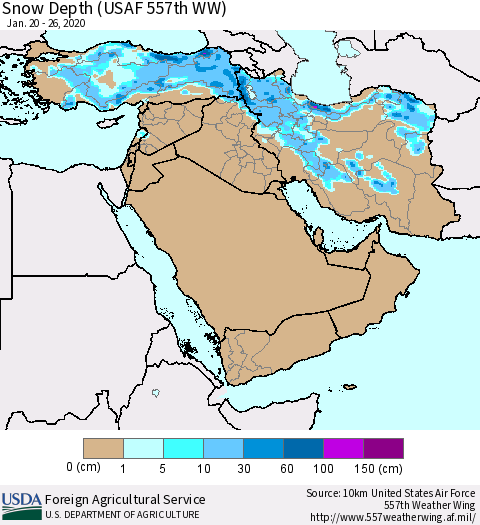Middle East and Turkey Snow Depth (USAF 557th WW) Thematic Map For 1/20/2020 - 1/26/2020