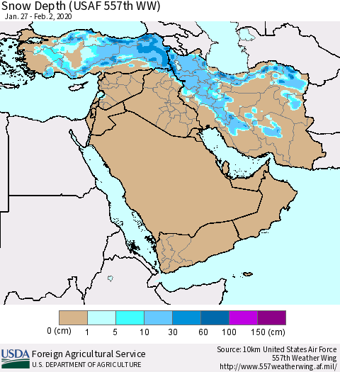 Middle East and Turkey Snow Depth (USAF 557th WW) Thematic Map For 1/27/2020 - 2/2/2020