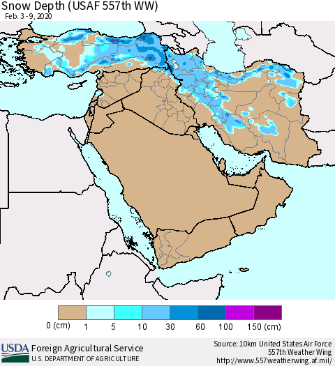 Middle East and Turkey Snow Depth (USAF 557th WW) Thematic Map For 2/3/2020 - 2/9/2020
