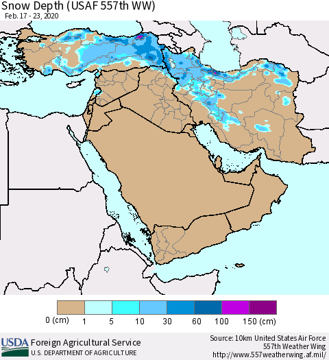 Middle East and Turkey Snow Depth (USAF 557th WW) Thematic Map For 2/17/2020 - 2/23/2020