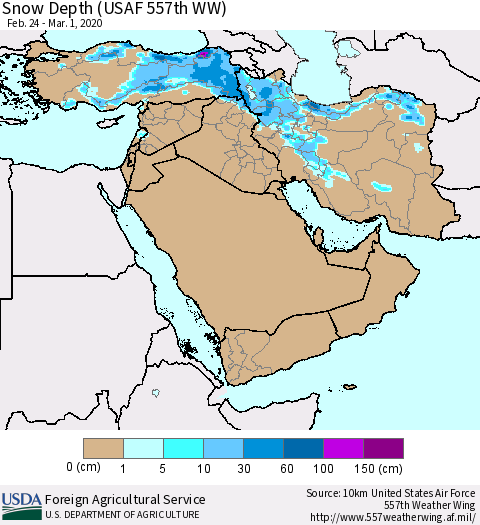 Middle East and Turkey Snow Depth (USAF 557th WW) Thematic Map For 2/24/2020 - 3/1/2020