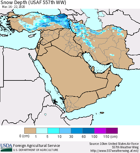 Middle East and Turkey Snow Depth (USAF 557th WW) Thematic Map For 3/16/2020 - 3/22/2020
