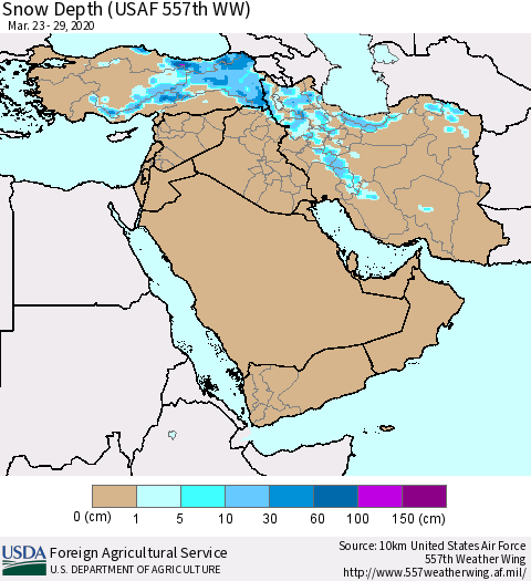 Middle East and Turkey Snow Depth (USAF 557th WW) Thematic Map For 3/23/2020 - 3/29/2020