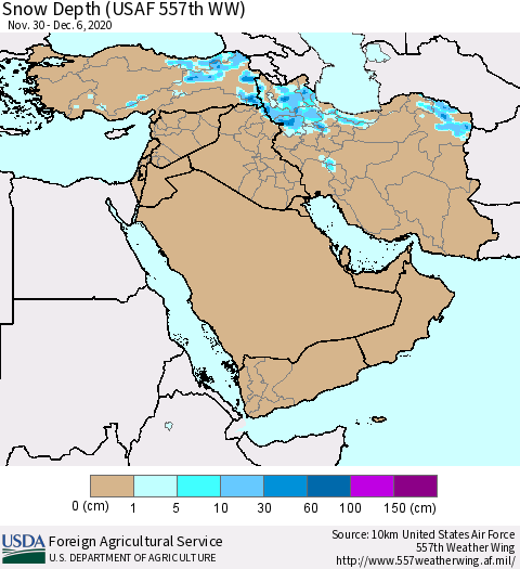 Middle East and Turkey Snow Depth (USAF 557th WW) Thematic Map For 11/30/2020 - 12/6/2020