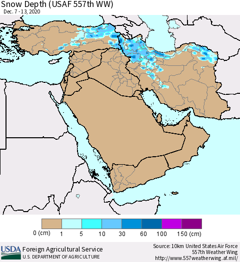 Middle East and Turkey Snow Depth (USAF 557th WW) Thematic Map For 12/7/2020 - 12/13/2020