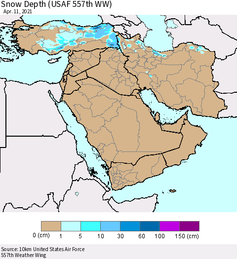 Middle East and Turkey Snow Depth (USAF 557th WW) Thematic Map For 4/5/2021 - 4/11/2021