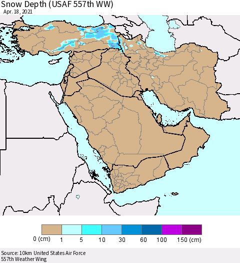 Middle East and Turkey Snow Depth (USAF 557th WW) Thematic Map For 4/12/2021 - 4/18/2021