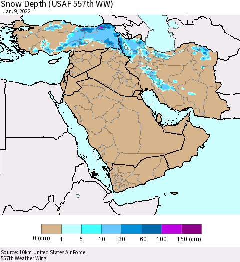Middle East and Turkey Snow Depth (USAF 557th WW) Thematic Map For 1/3/2022 - 1/9/2022