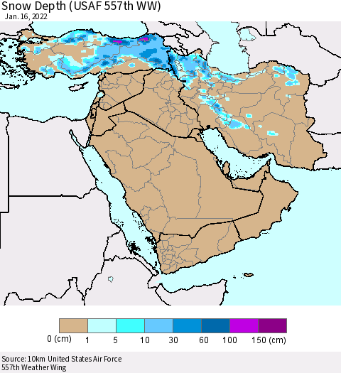 Middle East and Turkey Snow Depth (USAF 557th WW) Thematic Map For 1/10/2022 - 1/16/2022
