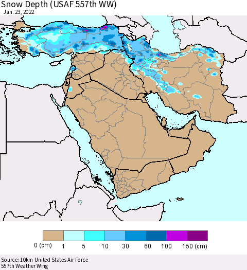 Middle East and Turkey Snow Depth (USAF 557th WW) Thematic Map For 1/17/2022 - 1/23/2022