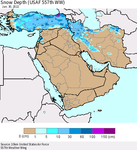 Middle East and Turkey Snow Depth (USAF 557th WW) Thematic Map For 1/24/2022 - 1/30/2022