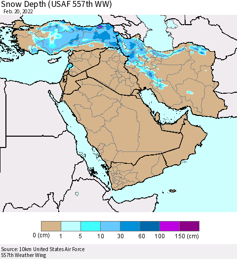 Middle East and Turkey Snow Depth (USAF 557th WW) Thematic Map For 2/14/2022 - 2/20/2022