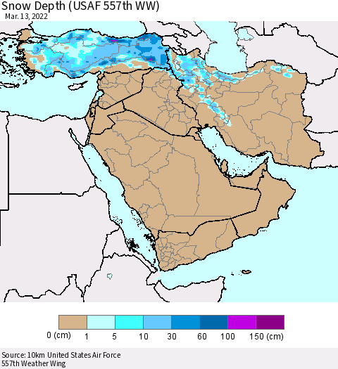 Middle East and Turkey Snow Depth (USAF 557th WW) Thematic Map For 3/7/2022 - 3/13/2022