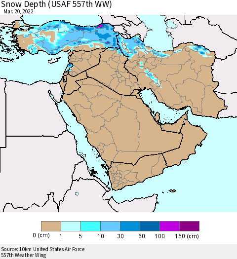 Middle East and Turkey Snow Depth (USAF 557th WW) Thematic Map For 3/14/2022 - 3/20/2022
