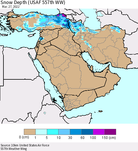 Middle East and Turkey Snow Depth (USAF 557th WW) Thematic Map For 3/21/2022 - 3/27/2022