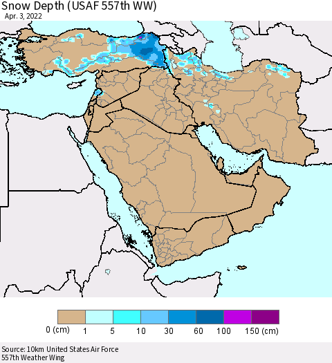 Middle East and Turkey Snow Depth (USAF 557th WW) Thematic Map For 3/28/2022 - 4/3/2022