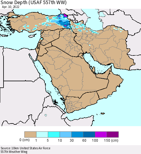 Middle East and Turkey Snow Depth (USAF 557th WW) Thematic Map For 4/4/2022 - 4/10/2022