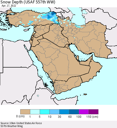 Middle East and Turkey Snow Depth (USAF 557th WW) Thematic Map For 4/11/2022 - 4/17/2022
