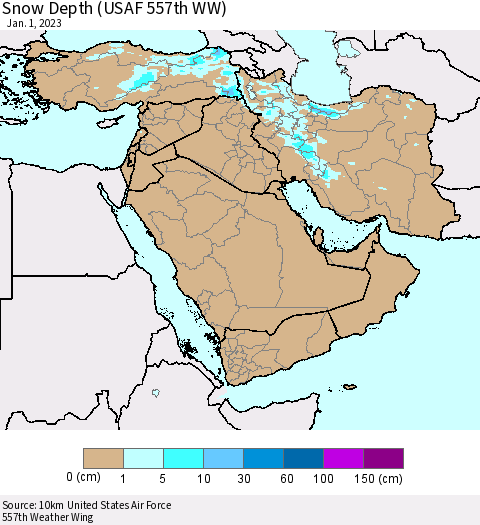Middle East and Turkey Snow Depth (USAF 557th WW) Thematic Map For 12/26/2022 - 1/1/2023