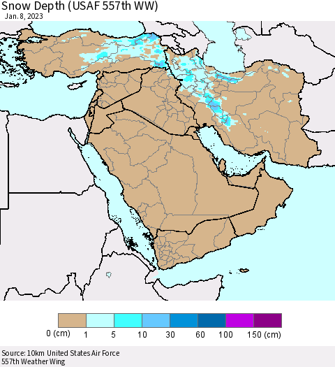 Middle East and Turkey Snow Depth (USAF 557th WW) Thematic Map For 1/2/2023 - 1/8/2023