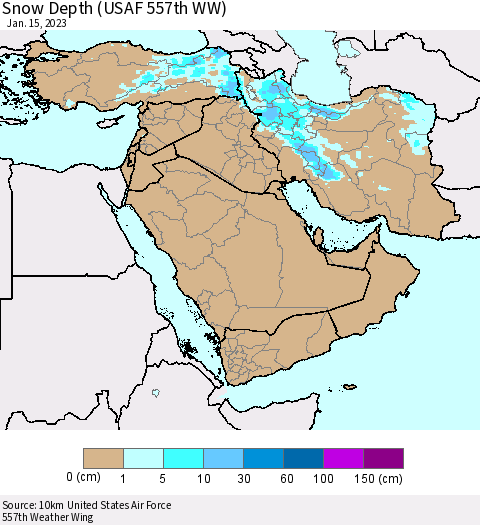 Middle East and Turkey Snow Depth (USAF 557th WW) Thematic Map For 1/9/2023 - 1/15/2023