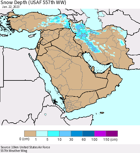 Middle East and Turkey Snow Depth (USAF 557th WW) Thematic Map For 1/16/2023 - 1/22/2023