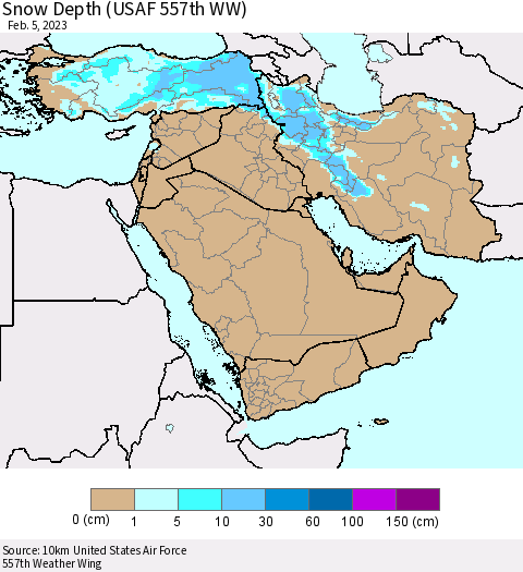 Middle East and Turkey Snow Depth (USAF 557th WW) Thematic Map For 1/30/2023 - 2/5/2023