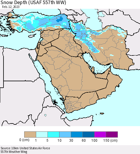 Middle East and Turkey Snow Depth (USAF 557th WW) Thematic Map For 2/6/2023 - 2/12/2023