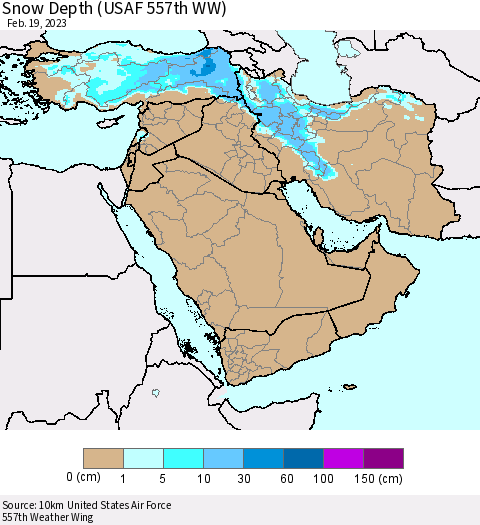 Middle East and Turkey Snow Depth (USAF 557th WW) Thematic Map For 2/13/2023 - 2/19/2023