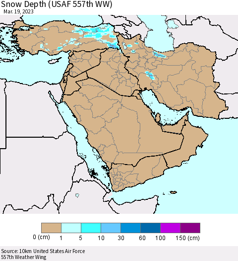 Middle East and Turkey Snow Depth (USAF 557th WW) Thematic Map For 3/13/2023 - 3/19/2023