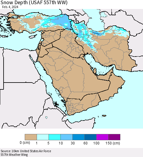 Middle East and Turkey Snow Depth (USAF 557th WW) Thematic Map For 1/29/2024 - 2/4/2024