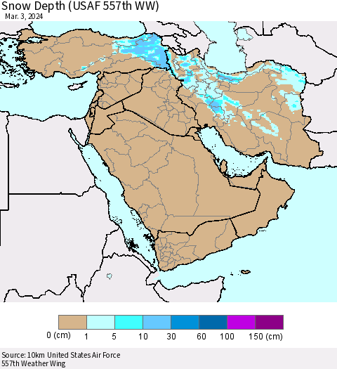 Middle East and Turkey Snow Depth (USAF 557th WW) Thematic Map For 2/26/2024 - 3/3/2024