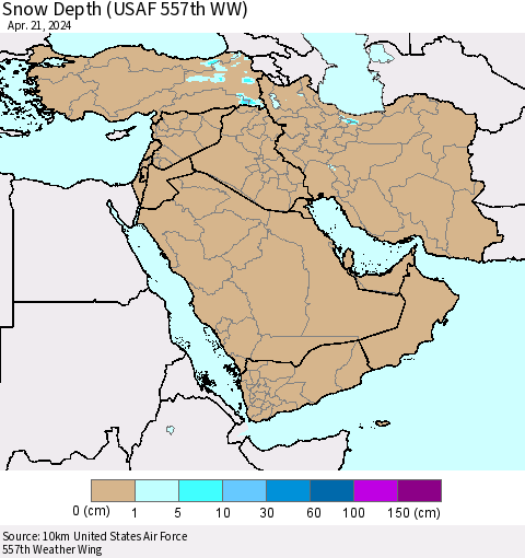 Middle East and Turkey Snow Depth (USAF 557th WW) Thematic Map For 4/15/2024 - 4/21/2024