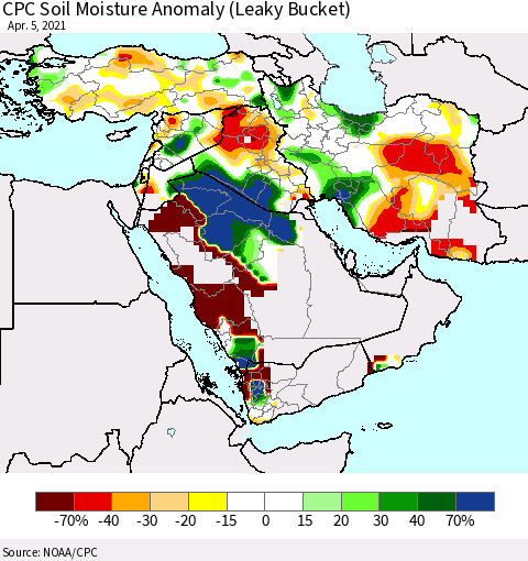 Middle East and Turkey CPC Soil Moisture Anomaly (Leaky Bucket) Thematic Map For 4/1/2021 - 4/5/2021