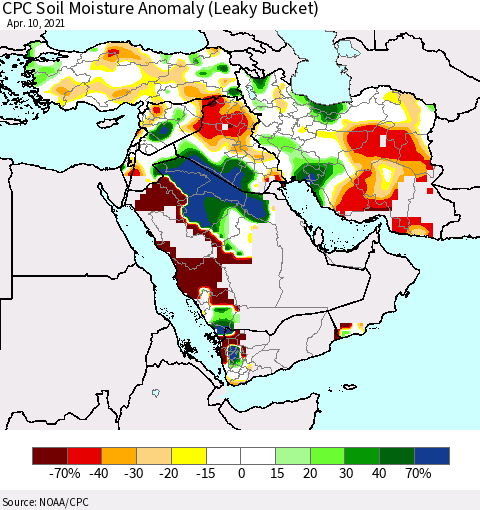 Middle East and Turkey CPC Soil Moisture Anomaly (Leaky Bucket) Thematic Map For 4/6/2021 - 4/10/2021