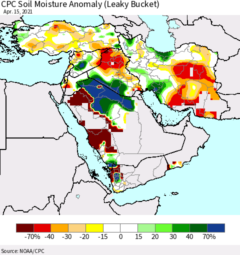 Middle East and Turkey CPC Soil Moisture Anomaly (Leaky Bucket) Thematic Map For 4/11/2021 - 4/15/2021