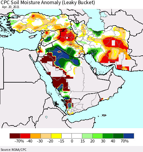 Middle East and Turkey CPC Soil Moisture Anomaly (Leaky Bucket) Thematic Map For 4/16/2021 - 4/20/2021