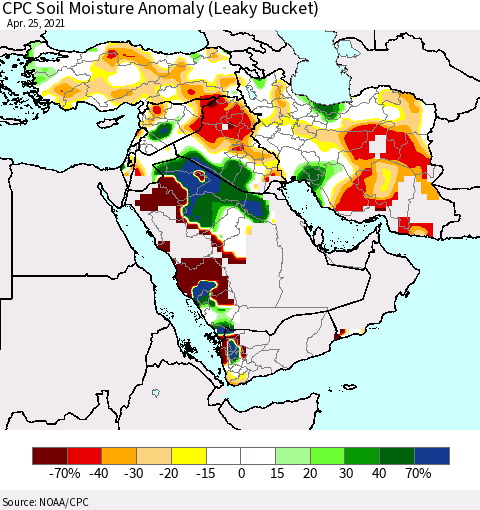 Middle East and Turkey CPC Soil Moisture Anomaly (Leaky Bucket) Thematic Map For 4/21/2021 - 4/25/2021