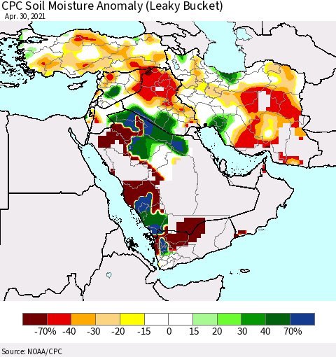 Middle East and Turkey CPC Soil Moisture Anomaly (Leaky Bucket) Thematic Map For 4/26/2021 - 4/30/2021