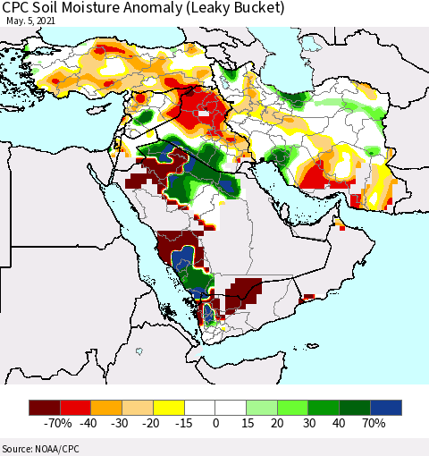 Middle East and Turkey CPC Soil Moisture Anomaly (Leaky Bucket) Thematic Map For 5/1/2021 - 5/5/2021