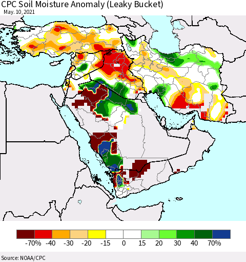 Middle East and Turkey CPC Soil Moisture Anomaly (Leaky Bucket) Thematic Map For 5/6/2021 - 5/10/2021