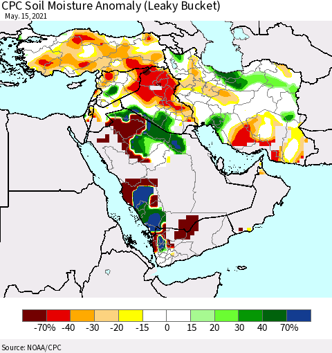 Middle East and Turkey CPC Soil Moisture Anomaly (Leaky Bucket) Thematic Map For 5/11/2021 - 5/15/2021