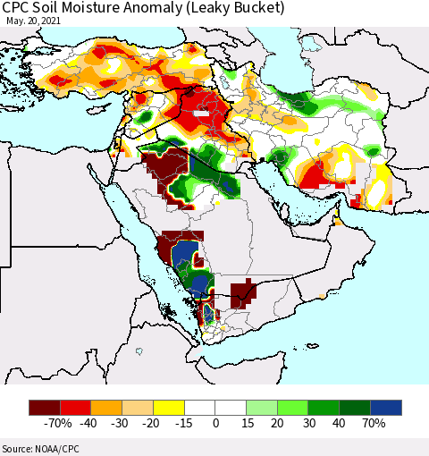 Middle East and Turkey CPC Soil Moisture Anomaly (Leaky Bucket) Thematic Map For 5/16/2021 - 5/20/2021