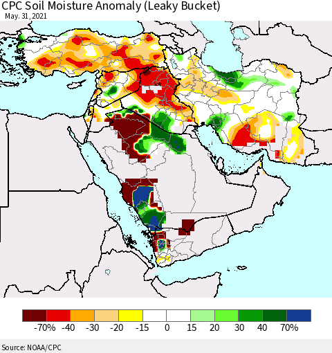 Middle East and Turkey CPC Soil Moisture Anomaly (Leaky Bucket) Thematic Map For 5/26/2021 - 5/31/2021