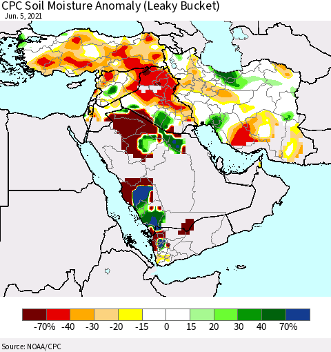 Middle East and Turkey CPC Soil Moisture Anomaly (Leaky Bucket) Thematic Map For 6/1/2021 - 6/5/2021