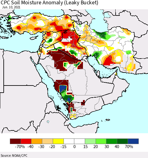 Middle East and Turkey CPC Soil Moisture Anomaly (Leaky Bucket) Thematic Map For 6/6/2021 - 6/10/2021